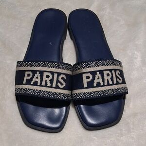 Nicole Miller Blue and White Slide Sandals